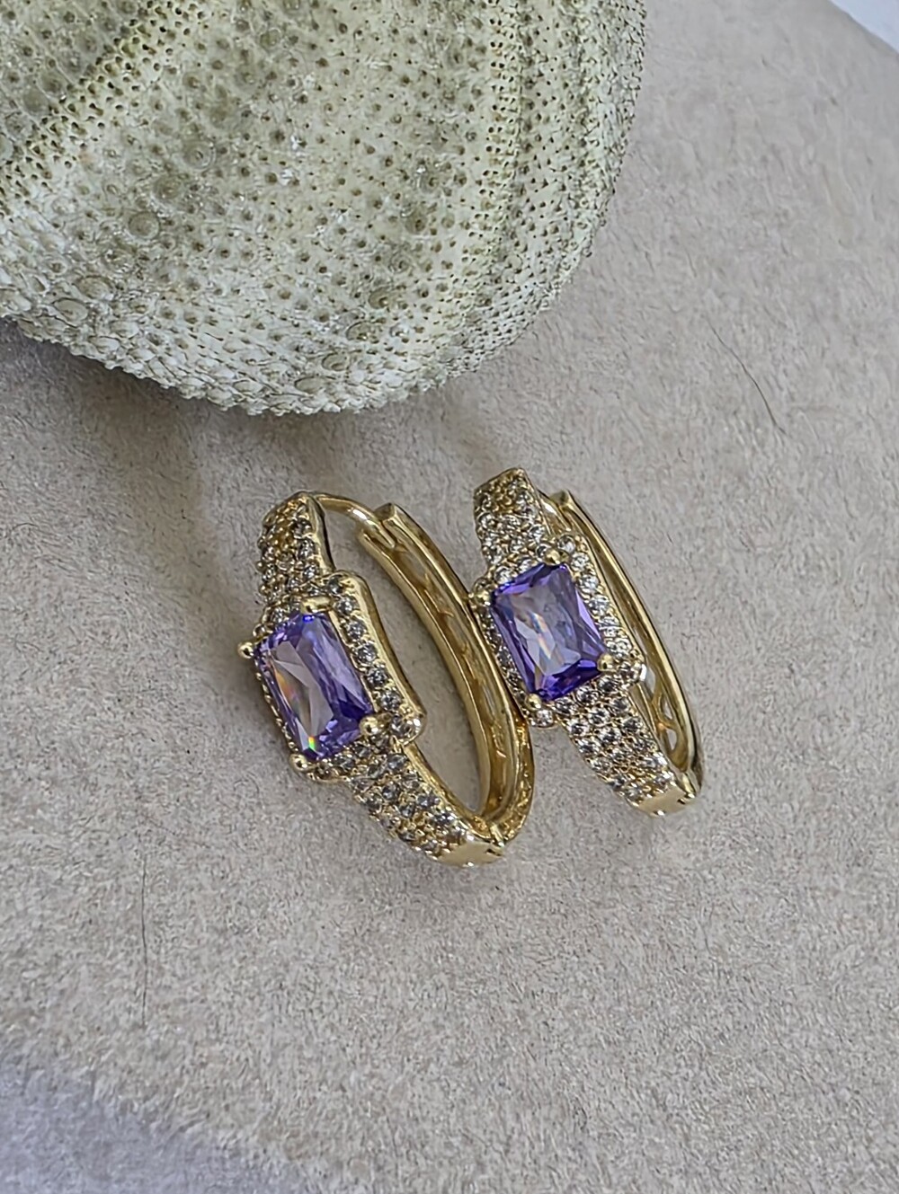 ​Gold Filled Purple Emerald Cut CZ Hoop Earrings Huggies Elegant Sparkle